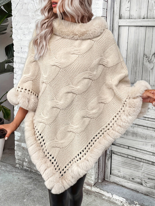 EB | Poncho mit Kunstpelzrand und Grobstrickmuster Acryl Elegant und Warm