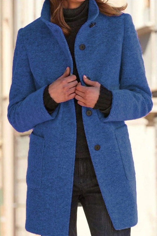 EB | Unifarbene Knopf Stehkragen Wolljacke