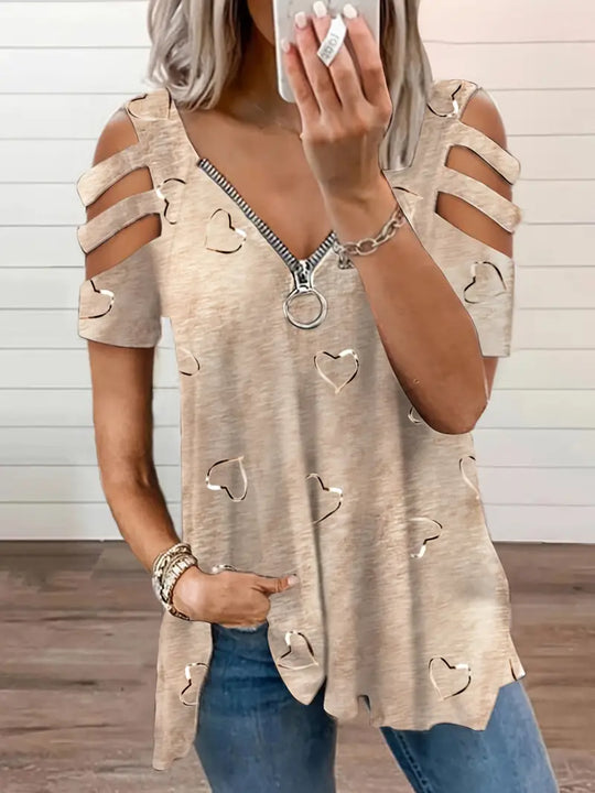 EB | Kurzarm-T-Shirt mit Herz-Druck und V-Ausschnitt