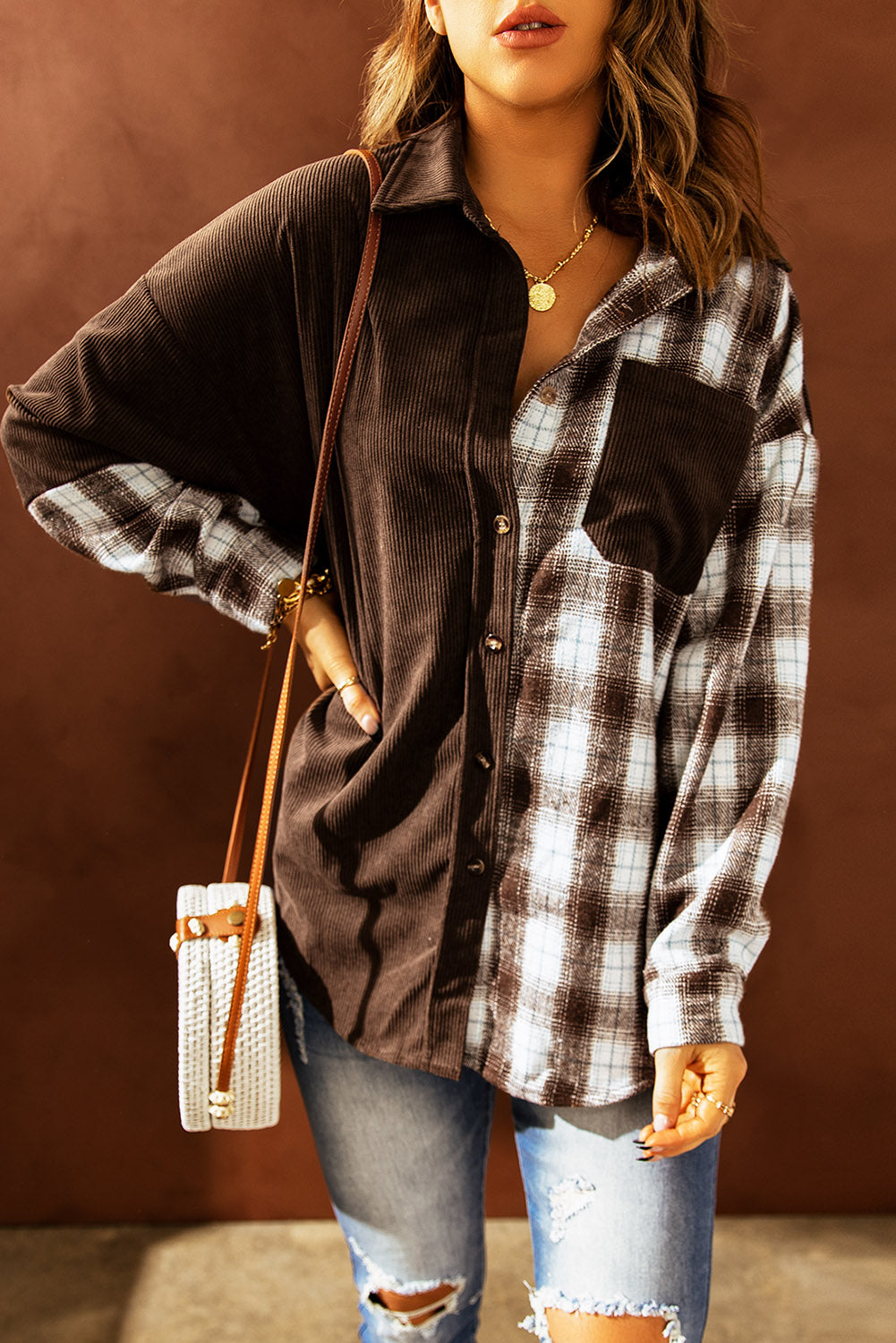 EB | Karierte Farbblock Gefallen Schulter Corduroy Shacket
