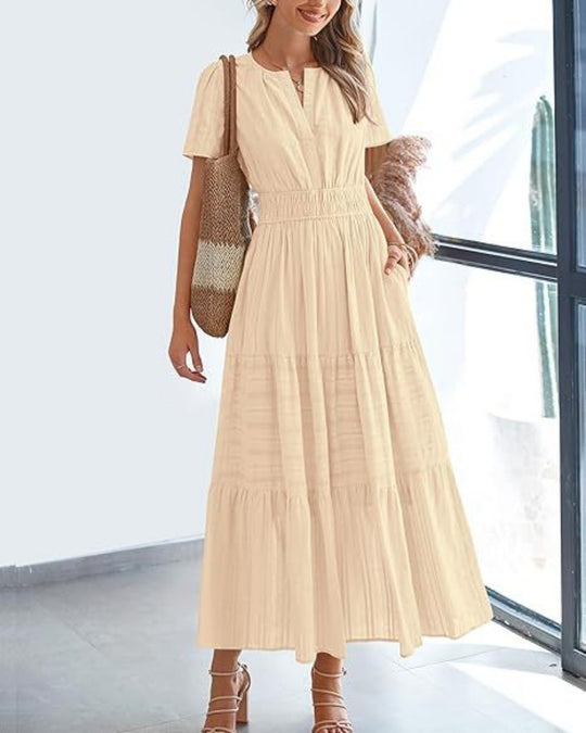 EB | Kleid mit V-Ausschnitt und plissierten Blasenärmeln