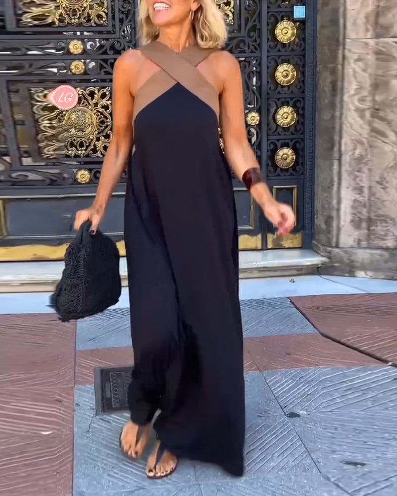 EB | Kreuzförmig Rückenfreies Elegantes Kleid mit Kontrastfarbe