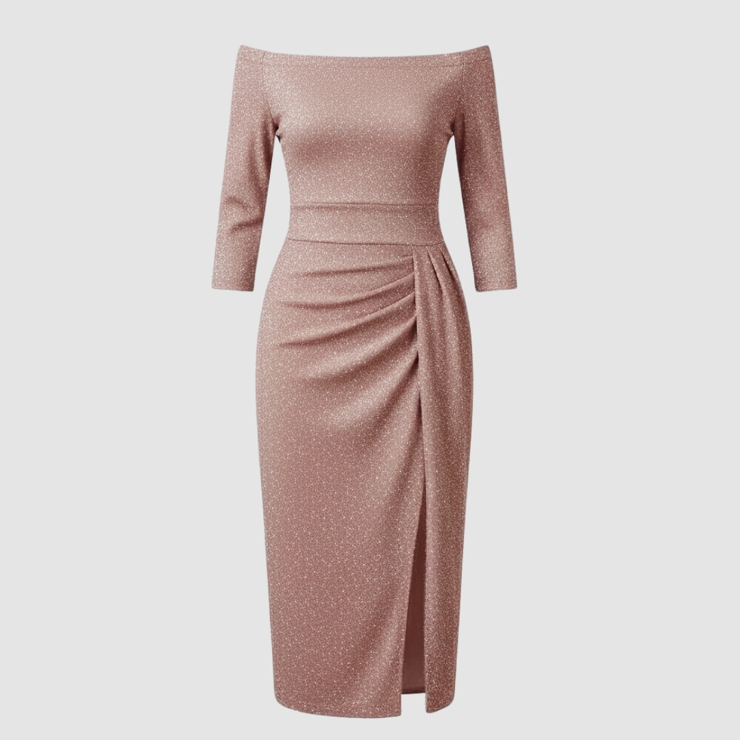 Elegantes Hochzeitsgast Kleid Off Shoulder Lang Satin | EB