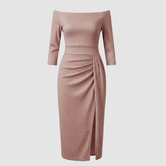 Elegantes Hochzeitsgast Kleid Off Shoulder Lang Satin | EB