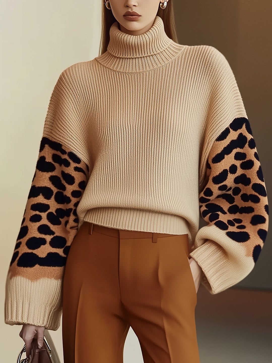 EB | Rollkragen-strickpullover Leopardenärmel Modernes Aussehen