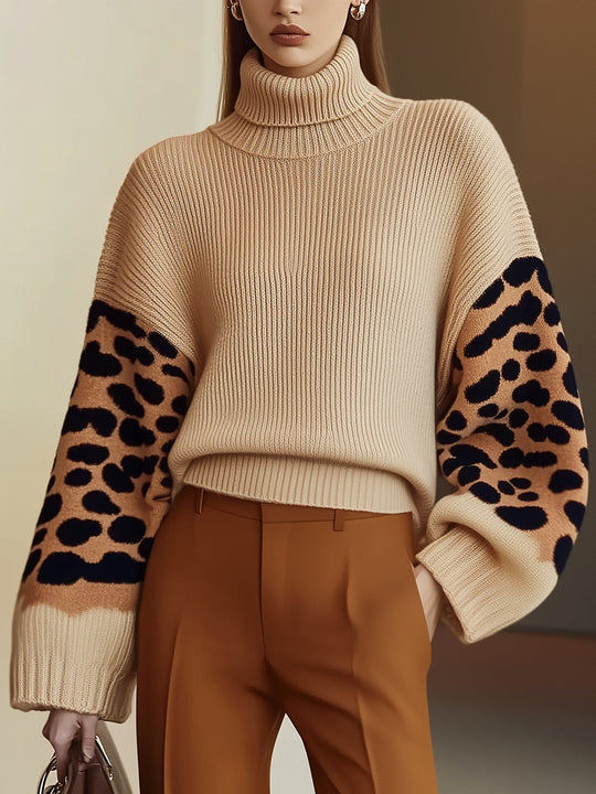 EB | Rollkragen-strickpullover Leopardenärmel Modernes Aussehen