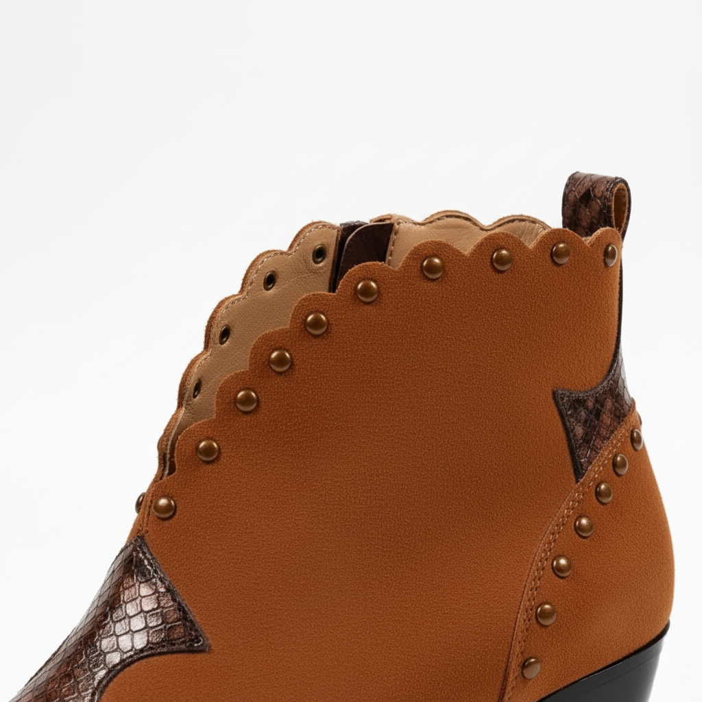 EB | Western Stiefeletten mit Schlangenleder Akzent Bestickter Gewellter Besatz Niedriger Blockabsatz