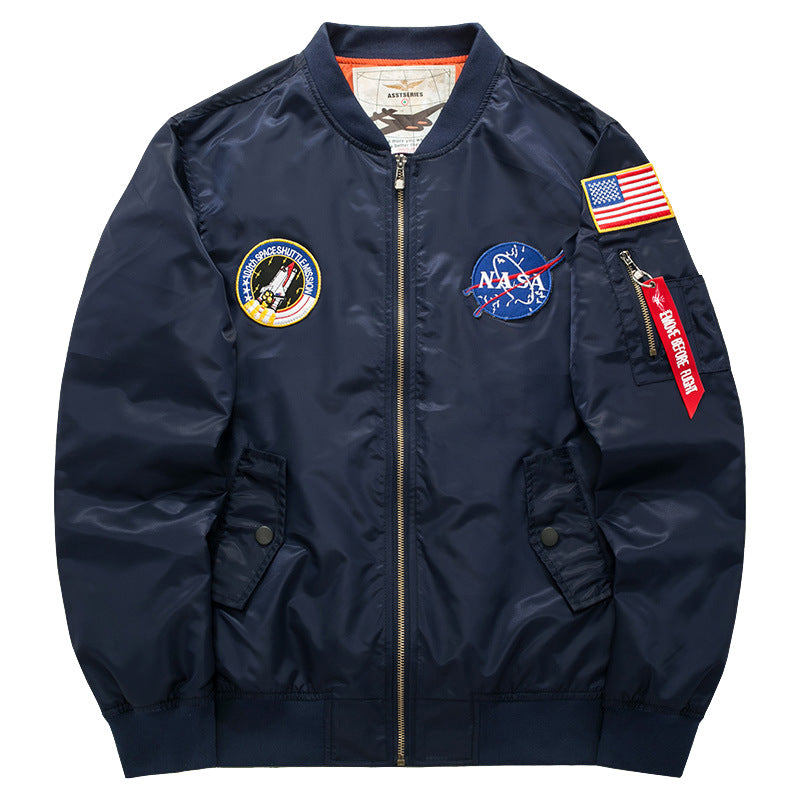 Men's  mission-patch zip-up pilot jacket with sleeve utility pocket EB