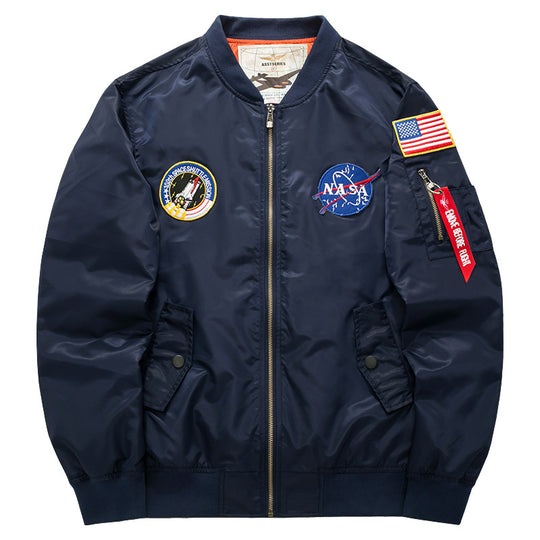 Men's  mission-patch zip-up pilot jacket with sleeve utility pocket EB