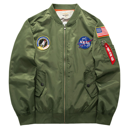 Men's  mission-patch zip-up pilot jacket with sleeve utility pocket EB
