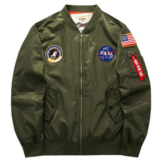 Men's  pilot-style nylon flight bomber jacket with embroidered aerospace patches and sleeve zip utility pocket EB