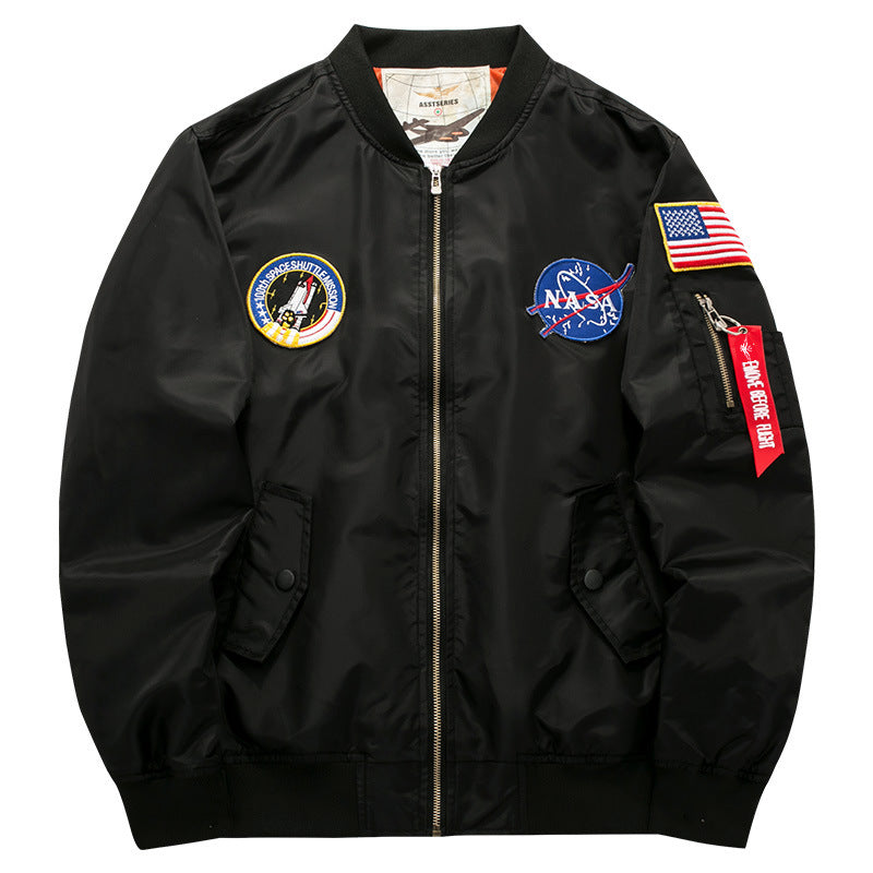 Men's  mission-patch zip-up pilot jacket with sleeve utility pocket EB
