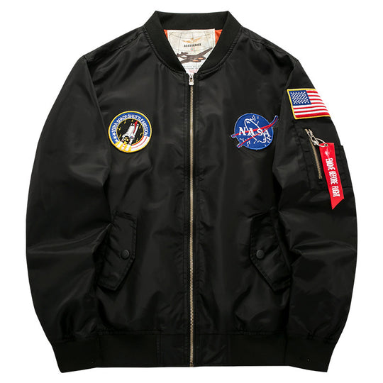 Men's  mission-patch zip-up pilot jacket with sleeve utility pocket EB