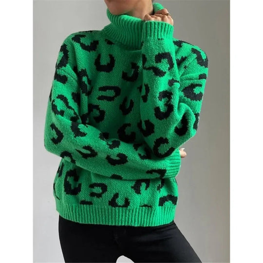 EB | Lässiger Rollkragen-Strickpullover mit Leopardenmuster