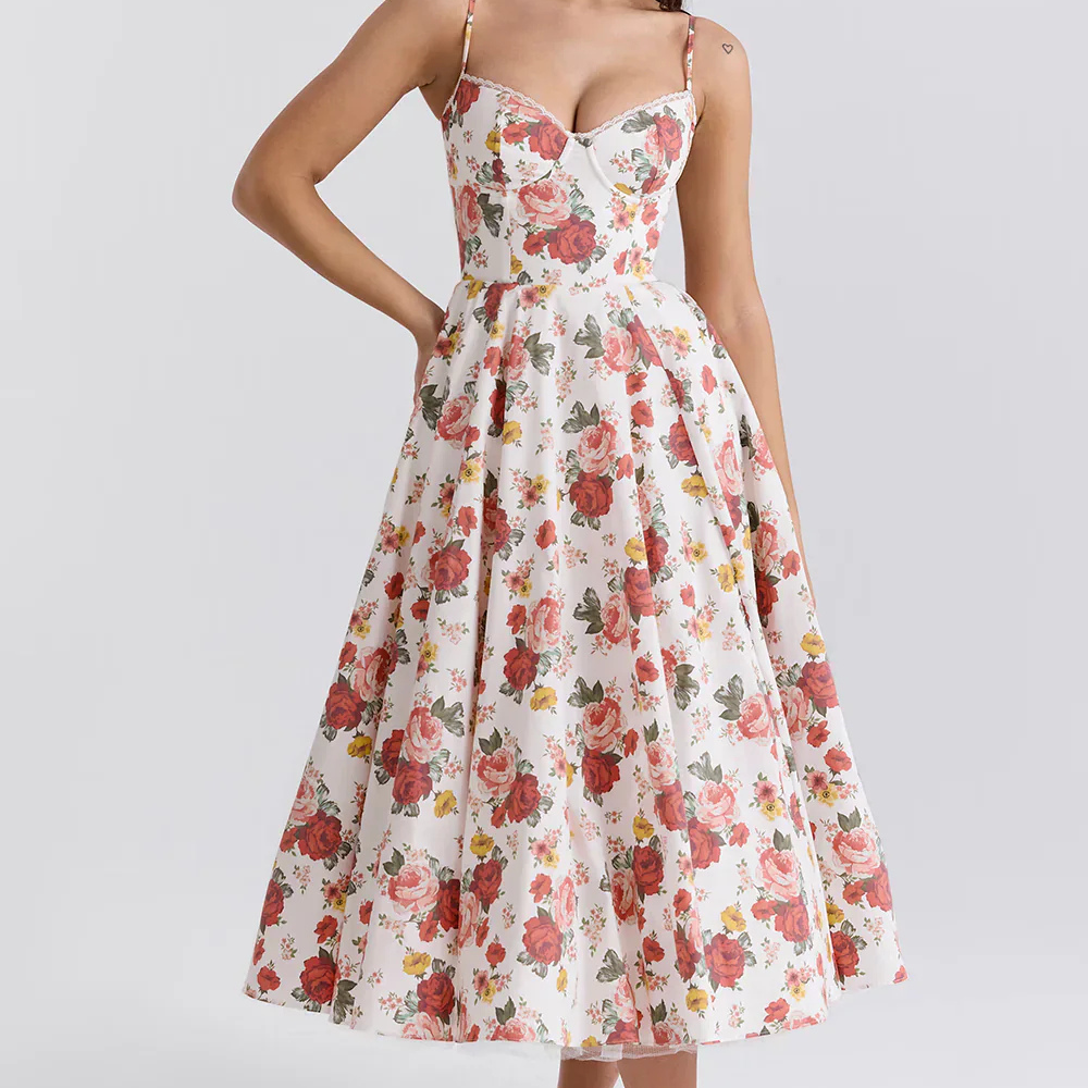 EB | Feminines Blumen Midikleid mit Korsett Oberteil
