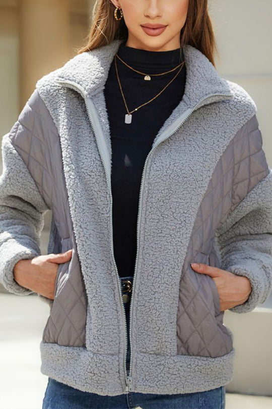 EB | Langarm-Cardigan mit Reißverschluss aus Plüsch-Patchwork Damenjacke