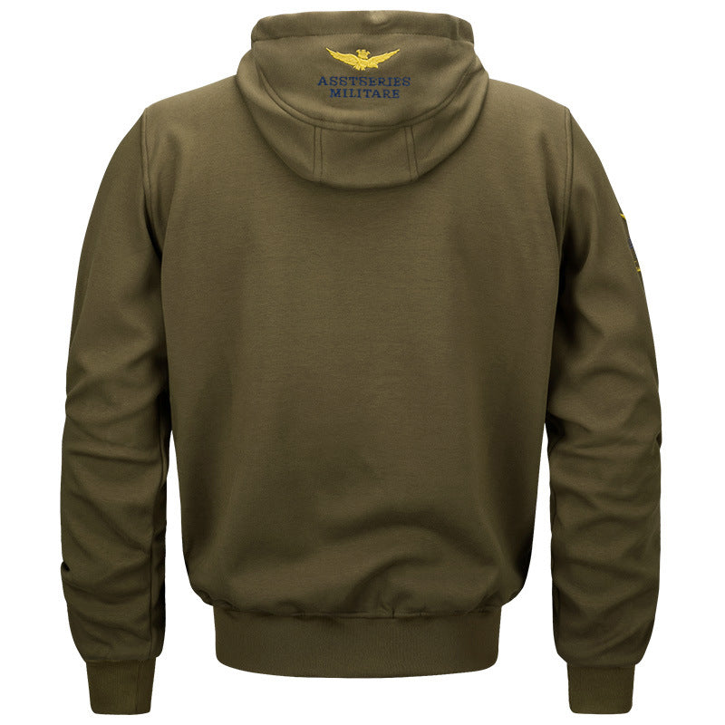 Men's  military inspired cotton-blend hooded sweatshirt with ribbed cuffs and embroidered insignia EB