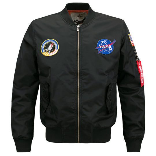 Men's  slim-fit flight bomber with embroidered mission patches angled snap-flap pockets and zip sleeve utility pocket EB