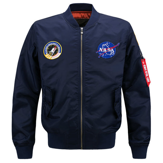 Men's  slim-fit flight bomber with embroidered mission patches angled snap-flap pockets and zip sleeve utility pocket EB