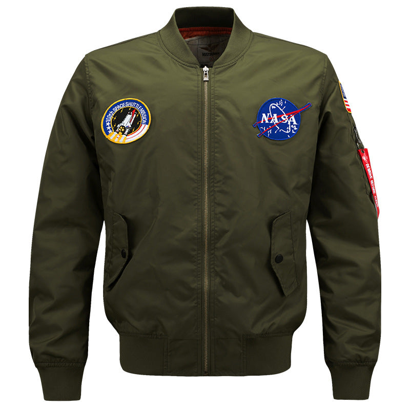 Men's  slim-fit flight bomber with embroidered mission patches angled snap-flap pockets and zip sleeve utility pocket EB