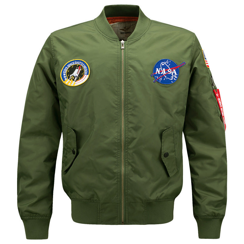 Men's  slim-fit flight bomber with embroidered mission patches angled snap-flap pockets and zip sleeve utility pocket EB