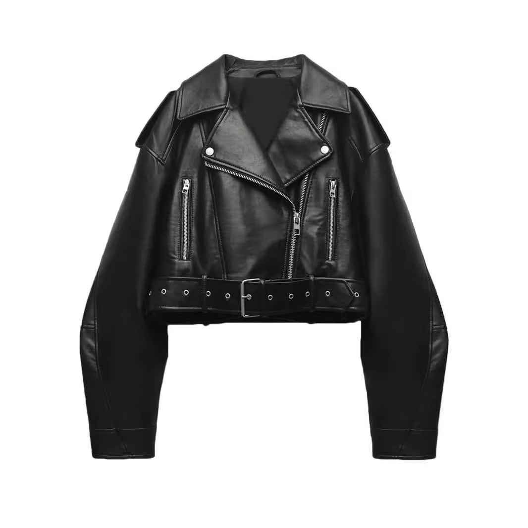 EB | Damen PU Motorradjacke mit Reißverschluss und Gürtel
