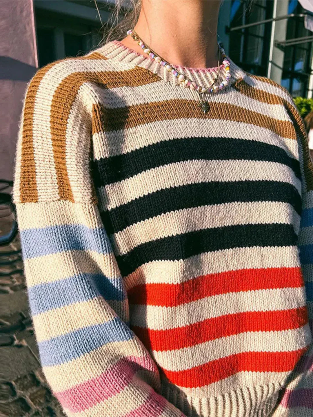 EB | Bunter Gestreifter Vintage Strickpullover mit Rundhalsausschnitt