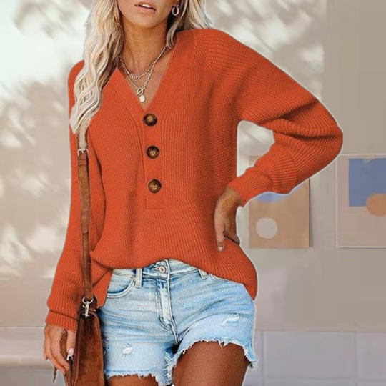 EB | Pullover - Damen Herbst Knopf V-Ausschnitt Strickpullover
