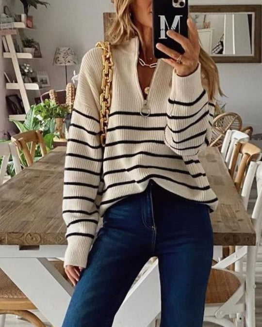 EB | Lässiger Gestreifter Schwarz-Weiß-Pullover