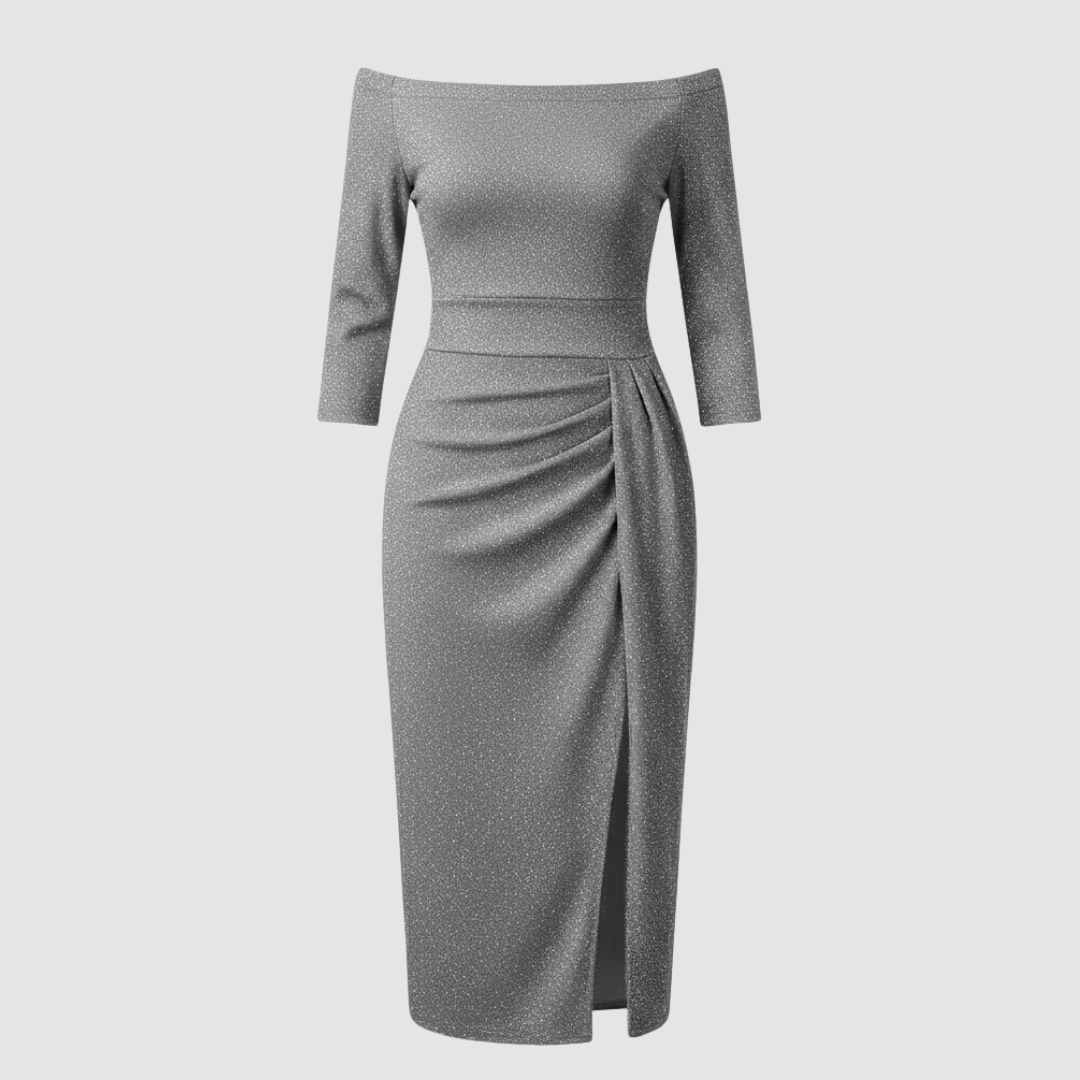 Elegantes Hochzeitsgast Kleid Off Shoulder Lang Satin | EB