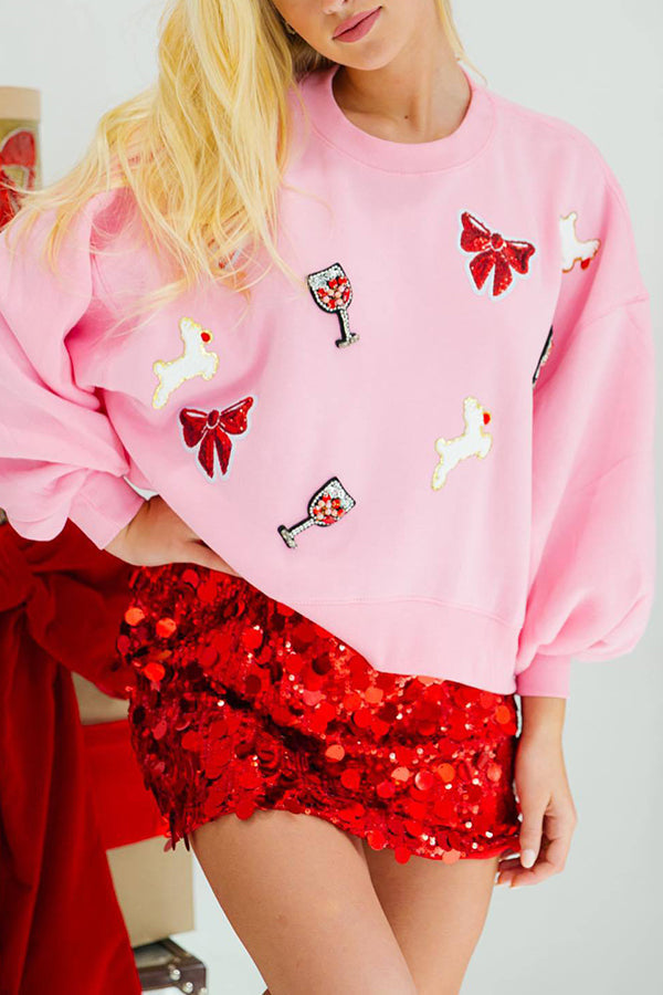 EB | Weihnachtsbogen-Wein-Glas Pailletten Lockere Lange Ärmel Sweatshirt