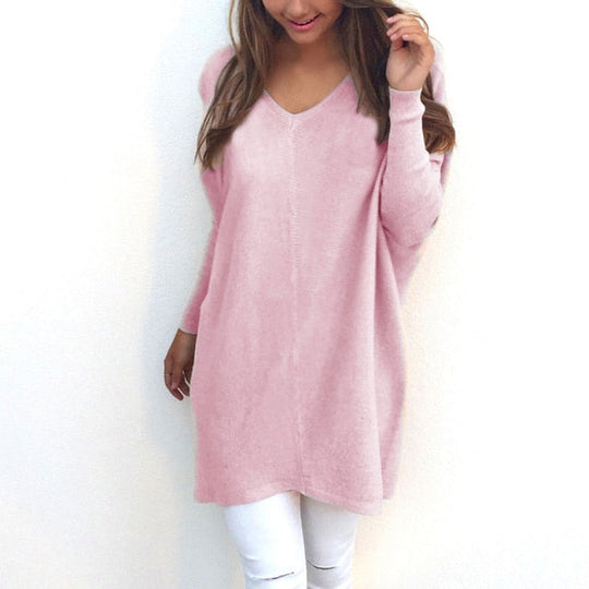 EB - Sweater |Eleganter langer Pullover mit V-Ausschnitt für Damen