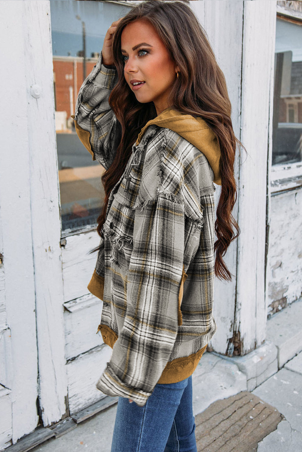 EB | Karierte Jacke mit Kapuze und Rohen Kanten Baumwolle Lässig und Trendy