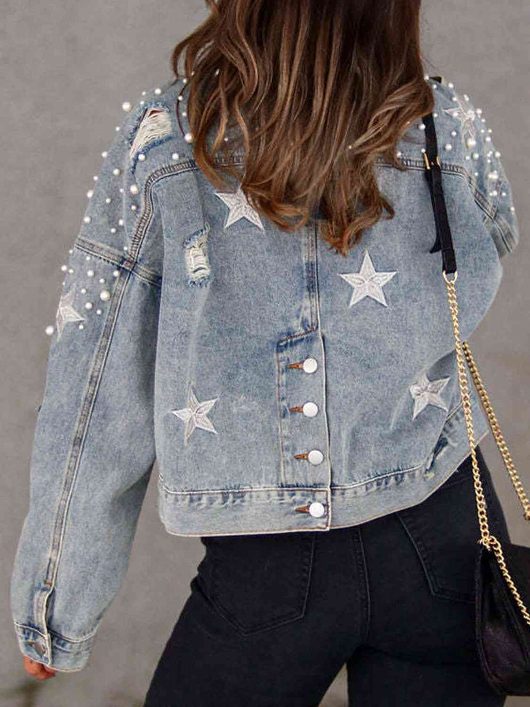 EB | Perlenbesatz Knopf-Down Denimjacke mit Taschen