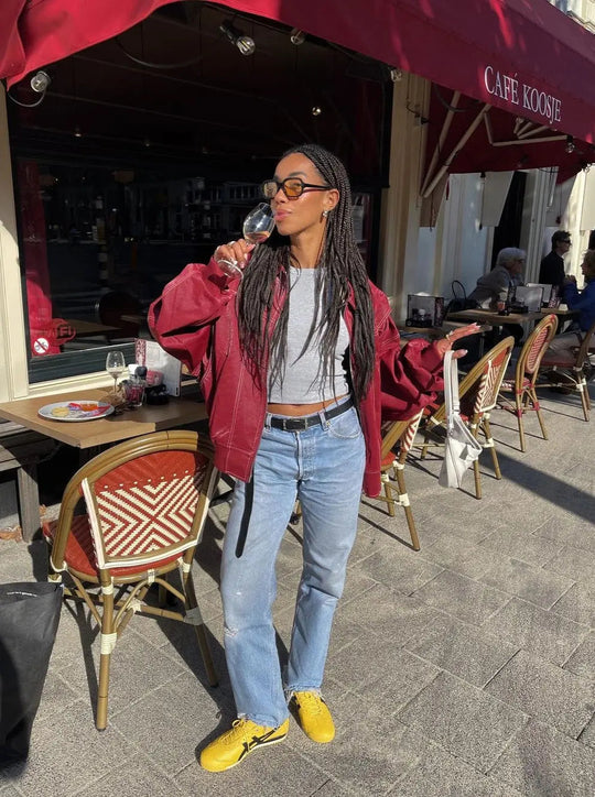 EB | Burgundisch Zip up Jacke in Übergröße mit Kontrastnähten