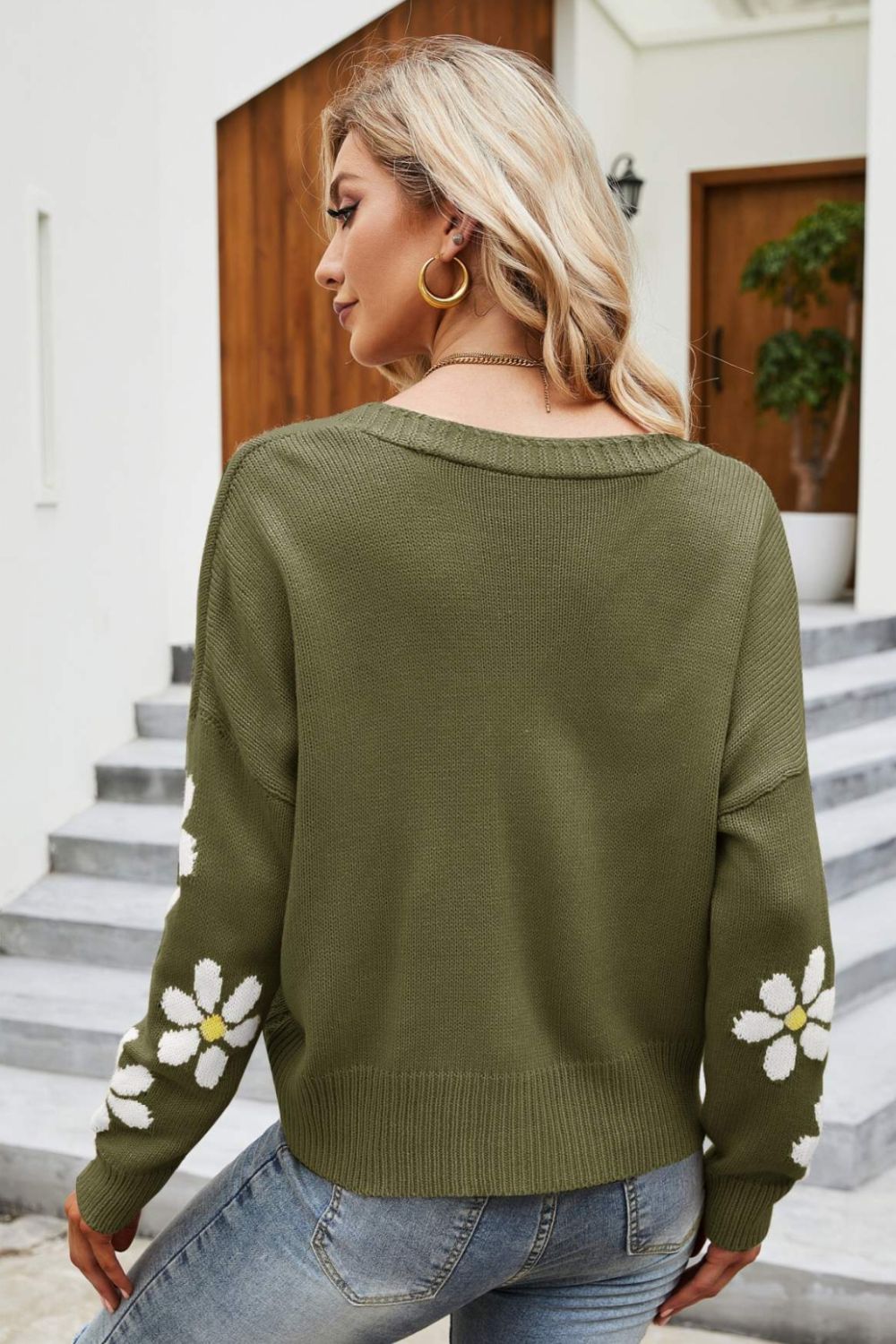 EB | Floral Ribbed Trim Drop Shoulder Cardigan