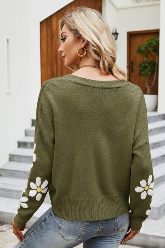 EB | Floral Ribbed Trim Drop Shoulder Cardigan