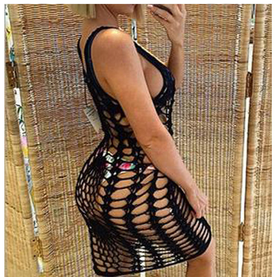 Damen Netz-Strandkleid mit ausgefallenen Lochmustern und tiefem Ausschnitt EB