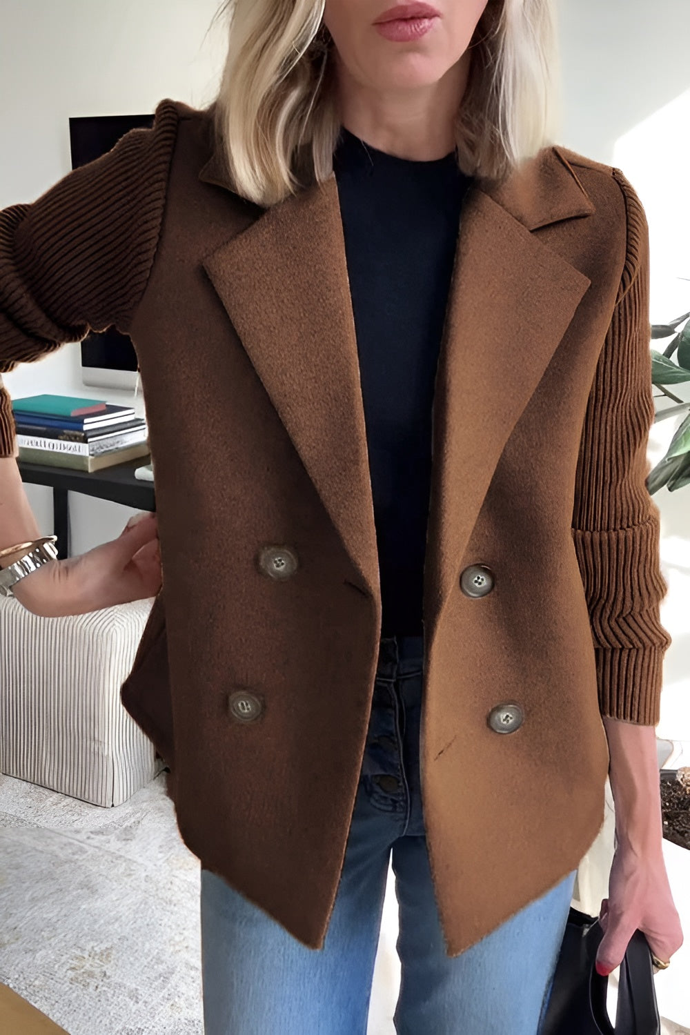 EB | Damen Blazer aus veganer Wolle mit gestrickten Ärmeln