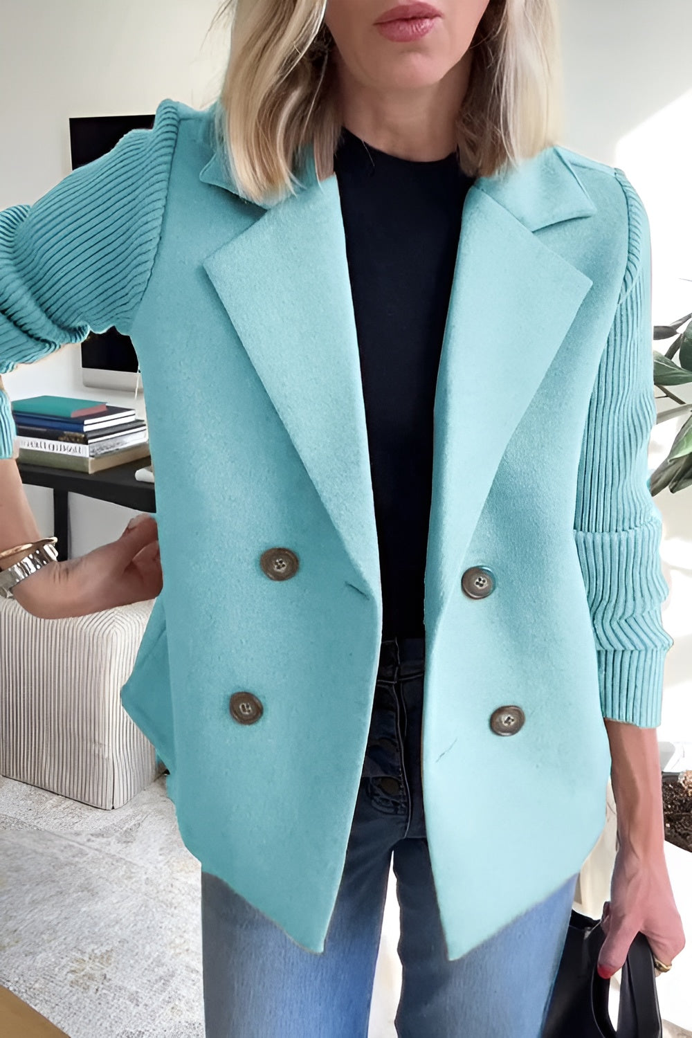 EB | Damen Blazer aus veganer Wolle mit gestrickten Ärmeln