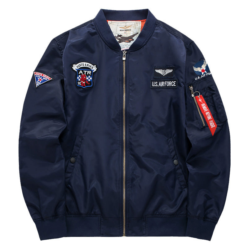 Men's  vintage aviation patch satin-lined bomber jacket with sleeve zipper utility pocket EB