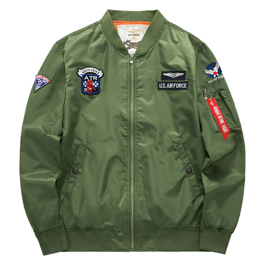 Men's  vintage aviation patch satin-lined bomber jacket with sleeve zipper utility pocket EB