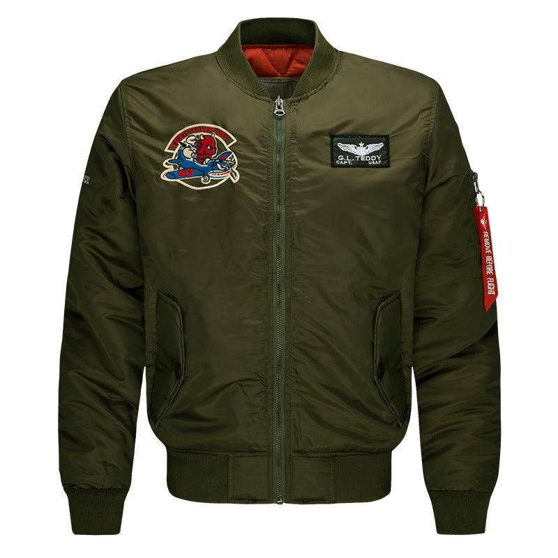 Men's  low-profile flight bomber with embroidered crests sleeve zipper utility pocket and insulated orange lining EB