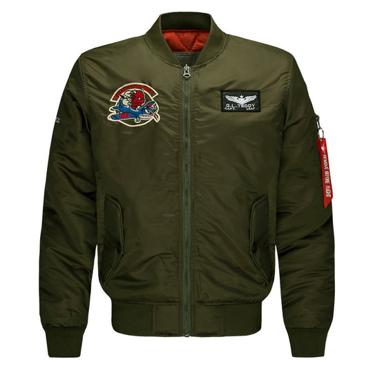 Men's  low-profile flight bomber with embroidered crests sleeve zipper utility pocket and insulated orange lining EB