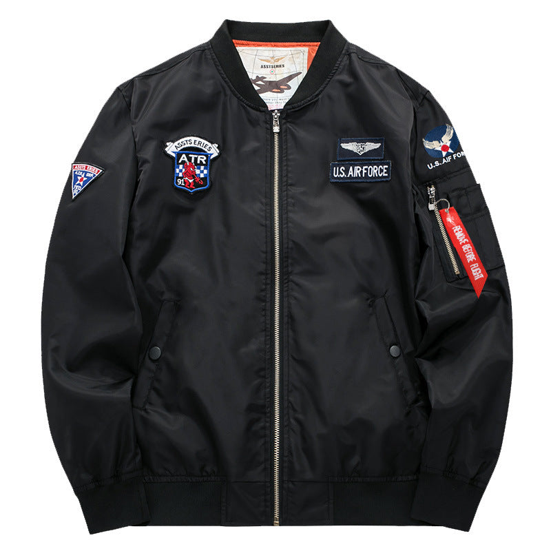 Men's  vintage aviation patch satin-lined bomber jacket with sleeve zipper utility pocket EB