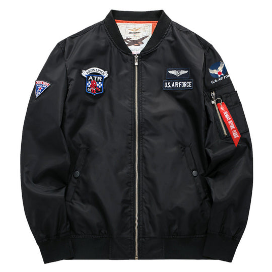 Men's  vintage aviation patch satin-lined bomber jacket with sleeve zipper utility pocket EB
