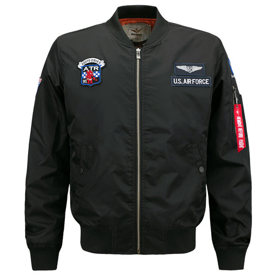 Men's  vintage aviator zip bomber jacket with embroidered squadron badges and tool-ring sleeve pocket EB