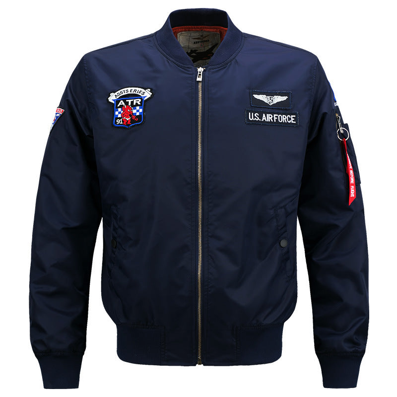 Men's  vintage aviator zip bomber jacket with embroidered squadron badges and tool-ring sleeve pocket EB