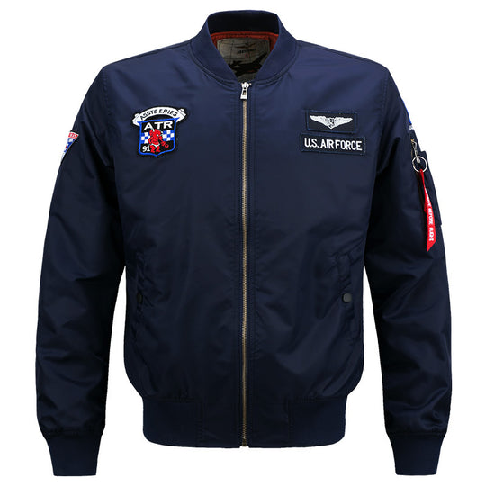 Men's  vintage aviator zip bomber jacket with embroidered squadron badges and tool-ring sleeve pocket EB