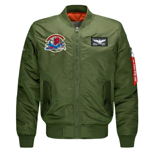 Men's  low-profile flight bomber with embroidered crests sleeve zipper utility pocket and insulated orange lining EB